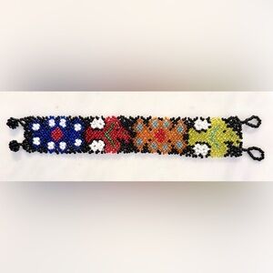 Handmade Glass Beaded Bracelet — Multicolor Floral Pattern, Loop & Bead Closure